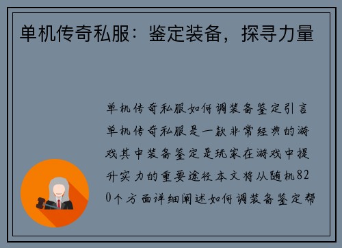 单机传奇私服：鉴定装备，探寻力量