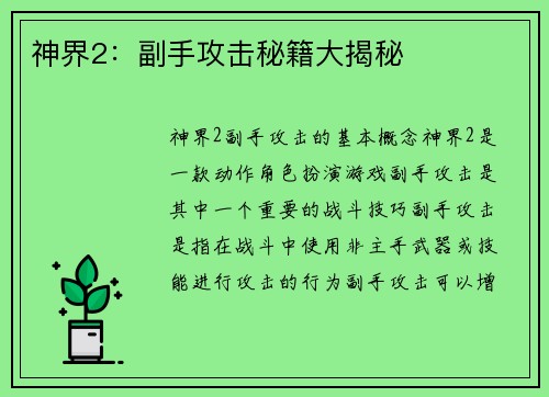 神界2：副手攻击秘籍大揭秘